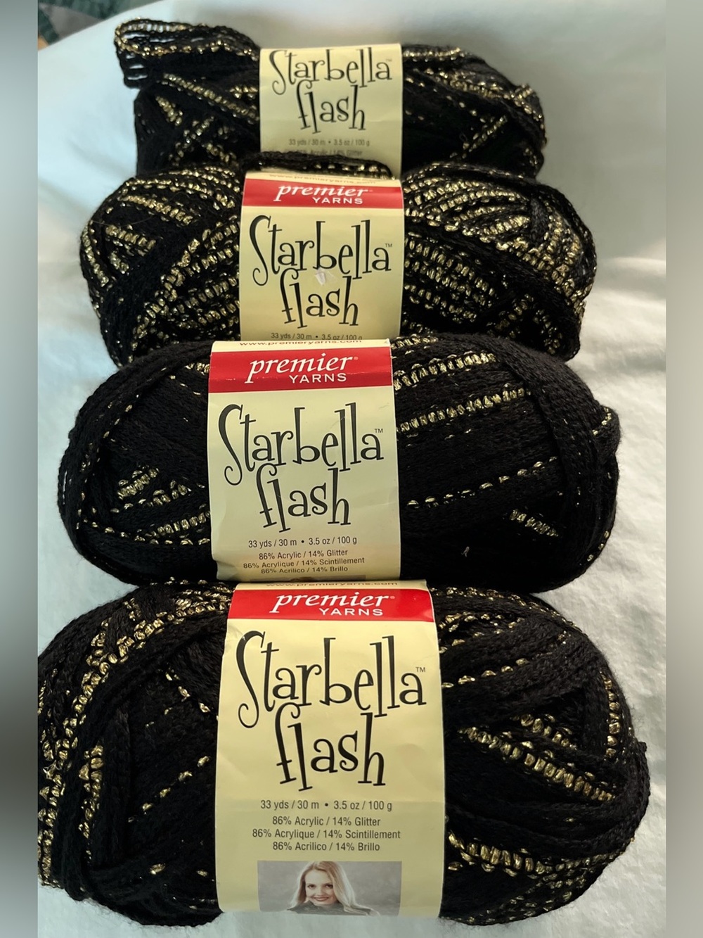 (4) Premier Yarns Starbella Flash Yarn Lot Black Silver “Starry” Ruffle Yarn